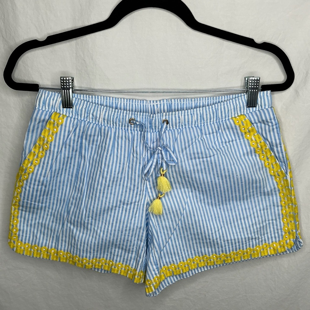 Lilly Pulitzer Katia Embroidered Shorts Size S Blue Swizzle Stripe Yellow Tassel